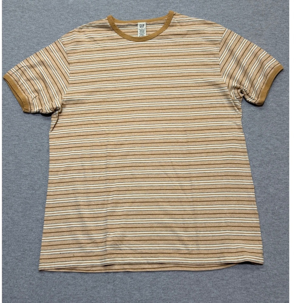 Vintage GAP 90s Mens Large Boxy Striped Ringer T-Shirt Tan Brown Striped USA